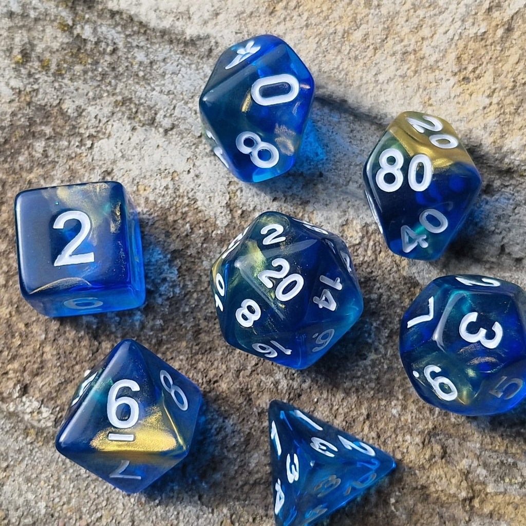 D&D Dobbelstenenset – Transparant Blauw met Goud