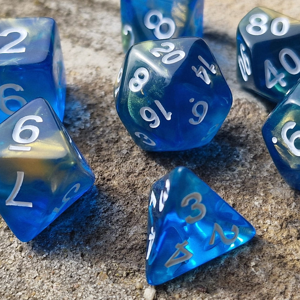 D&D Dobbelstenenset – Transparant Blauw met Goud