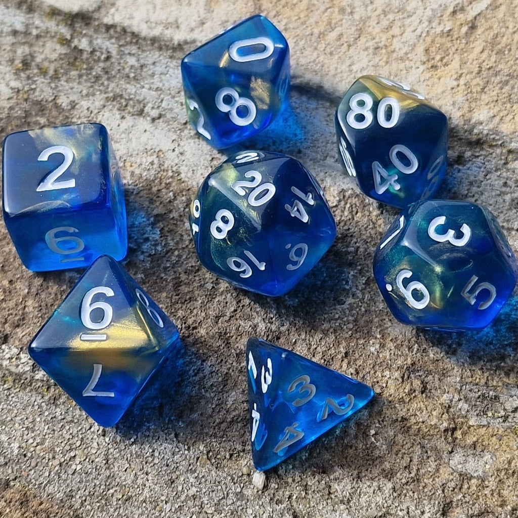 D&D Dobbelstenenset – Transparant Blauw met Goud